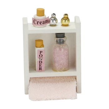 1/12 Miniatura Casa de bonecas Decoração do Banheiro de Toalha Rack com um Frasco de Perfume Facial Cleanser Definido para Decoração de Casa de bonecas