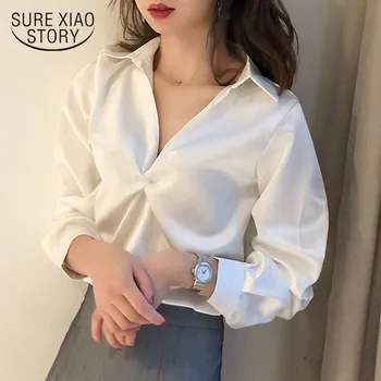 Blusa Vintage Mulheres 2021 Outono V-Camisa de gola Mulheres Tops Estilo coreano Elegante Sólido Senhora do Escritório Roupas Corresponder a Novas 11025
