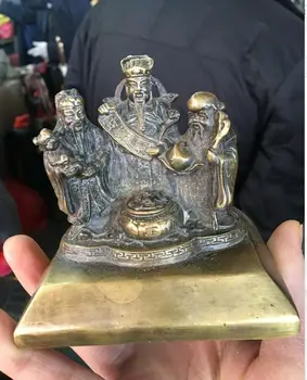 frete grátis Clássico Chinês Bronze 3 Longevidade Deus Fu Lu Shou Vida de Criança de Pêssego Assento Conjunto Estátua 10cm