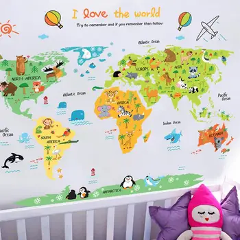Mapa de Adesivos de Parede eu Amo O Mundo dos desenhos animados de Animais Mapa de Quarto infantil Quarto jardim-de-Infância Decorativo Adesivo de Parede
