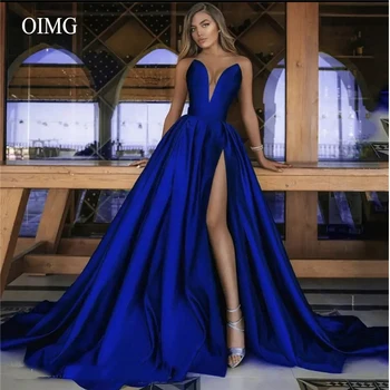 OIMG Simples de Uma Linha de Cetim Azul Royal/Champagne a Noite Vestidos de Gola V de Alta Dividir as Mulheres Vestido de Festa de Casamento Longos Vestidos de Baile