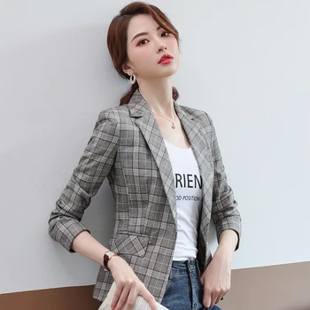 Pequeno terno feminino outono newfashion temperamento trajeto de um botão fino terno jaqueta de mangas compridas de lã, camisa xadrez blazer curto