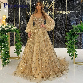 PROWINEA Luxo de Ouro Muçulmano Noite Dreses 2023 Elegantes Mangas Puff Verde Esmeralda Vestido Formal para a Mulher Vestidos de Festa de Casamento