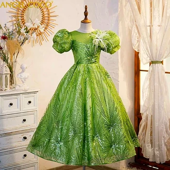 Verde Vestidos Da Menina De Flor De Cetim Esferas De Lantejoulas Vestido De Princesa Longo Primeira Comunhão Vestido De Aniversário De Crianças Vestido De Adolescentes Pena